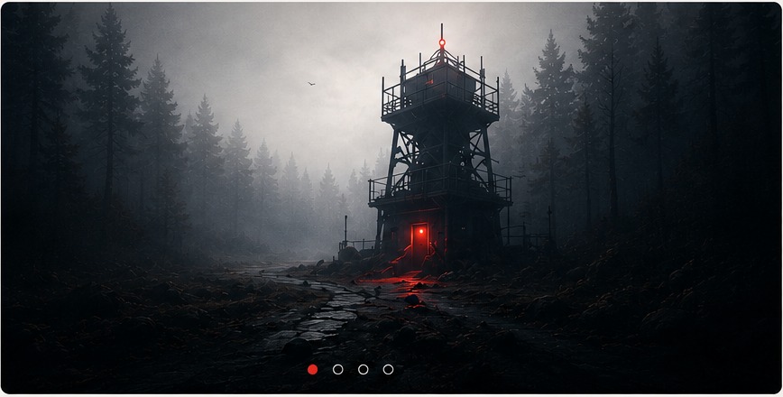 A misty forest surrounding an isolated red-lit tower